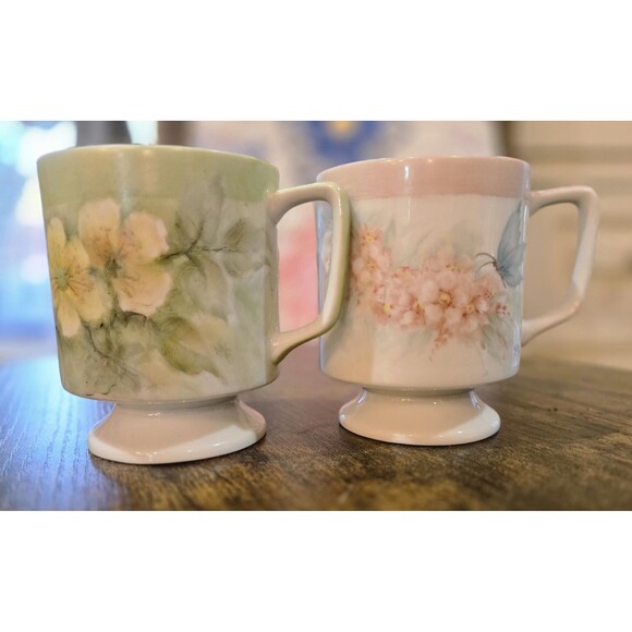 Vintage Hand Painted Porcelain Mugs with Pastel Flowers (set of 6) - Picture 7 of 10
